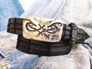 Artisan Made Mens Belt - Genuine Black Leather with Original Ishaor Silver Buckle - Personalized and Stylish Mens Gift