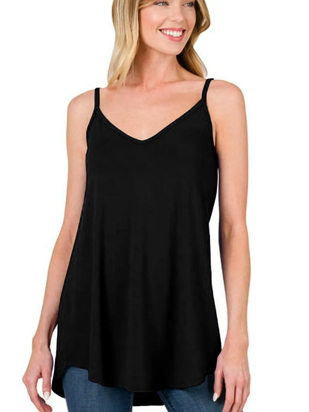 Black Flowy V-Neck Tank Top with Spaghetti Straps