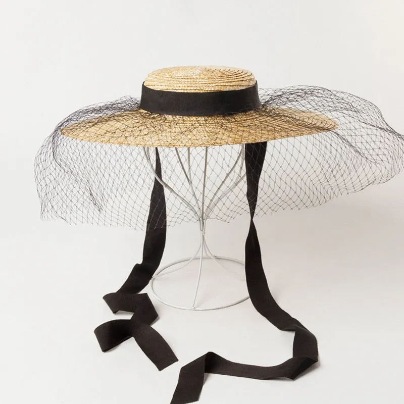 Boho Hat - Summer Hats, Sun Hat, Beach Hat - Wide Brim Straw Hat, Vintage Style with Long Ribbon Mesh Darcy