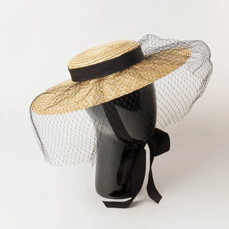 Boho Hat - Summer Hats, Sun Hat, Beach Hat - Wide Brim Straw Hat, Vintage Style with Long Ribbon Mesh Darcy