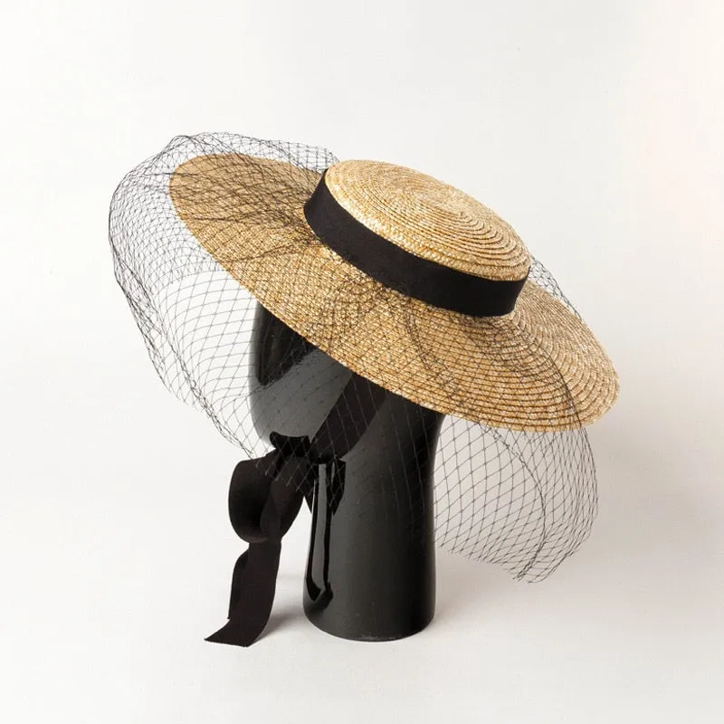 Boho Hat - Summer Hats, Sun Hat, Beach Hat - Wide Brim Straw Hat, Vintage Style with Long Ribbon Mesh Darcy