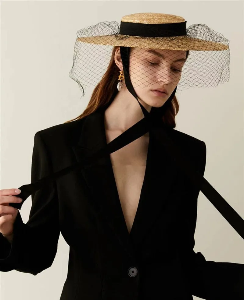 Boho Hat - Summer Hats, Sun Hat, Beach Hat - Wide Brim Straw Hat, Vintage Style with Long Ribbon Mesh Darcy
