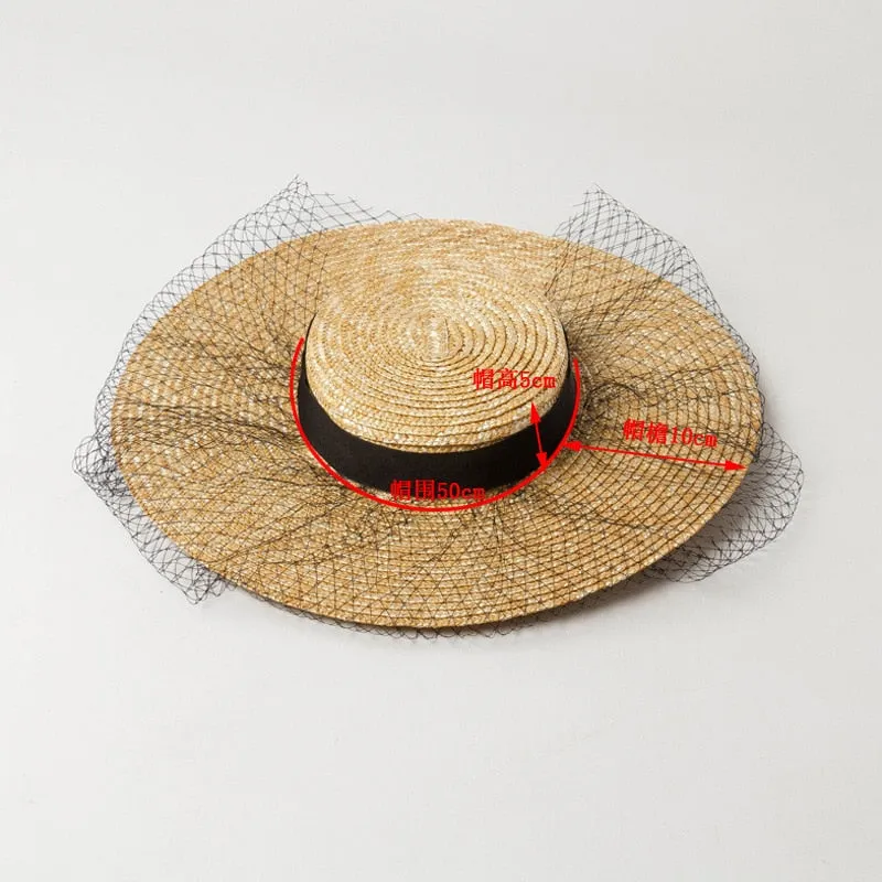 Boho Hat - Summer Hats, Sun Hat, Beach Hat - Wide Brim Straw Hat, Vintage Style with Long Ribbon Mesh Darcy
