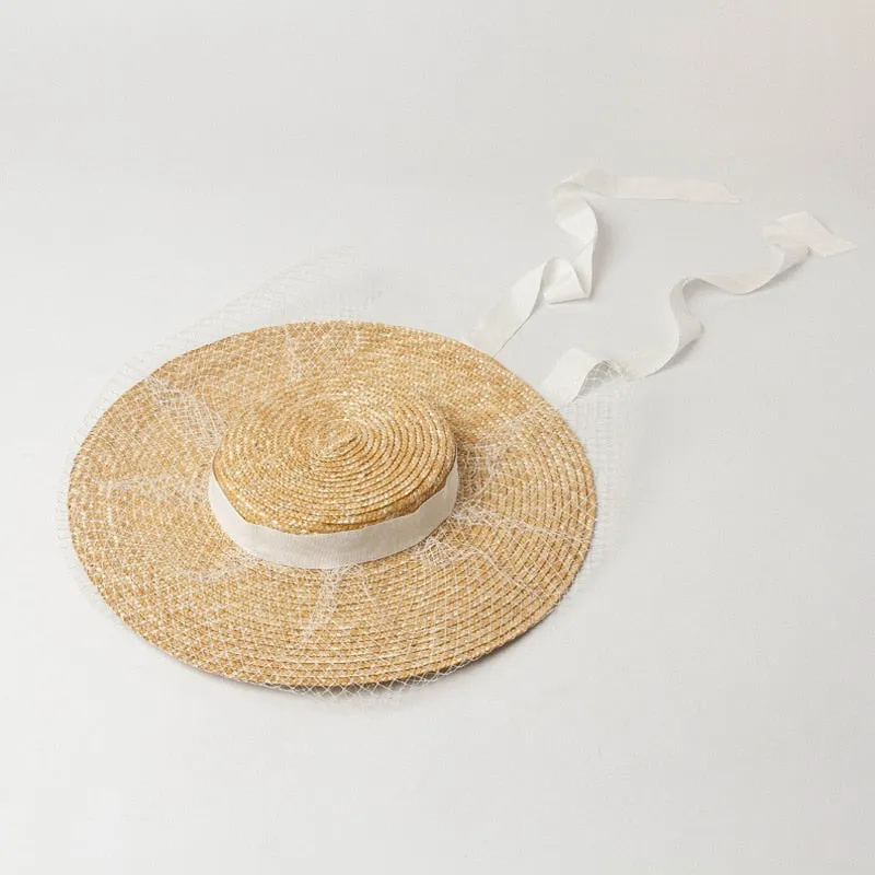 Boho Hat - Summer Hats, Sun Hat, Beach Hat - Wide Brim Straw Hat, Vintage Style with Long Ribbon Mesh Darcy