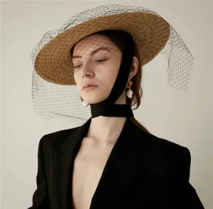 Boho Hat - Summer Hats, Sun Hat, Beach Hat - Wide Brim Straw Hat, Vintage Style with Long Ribbon Mesh Darcy