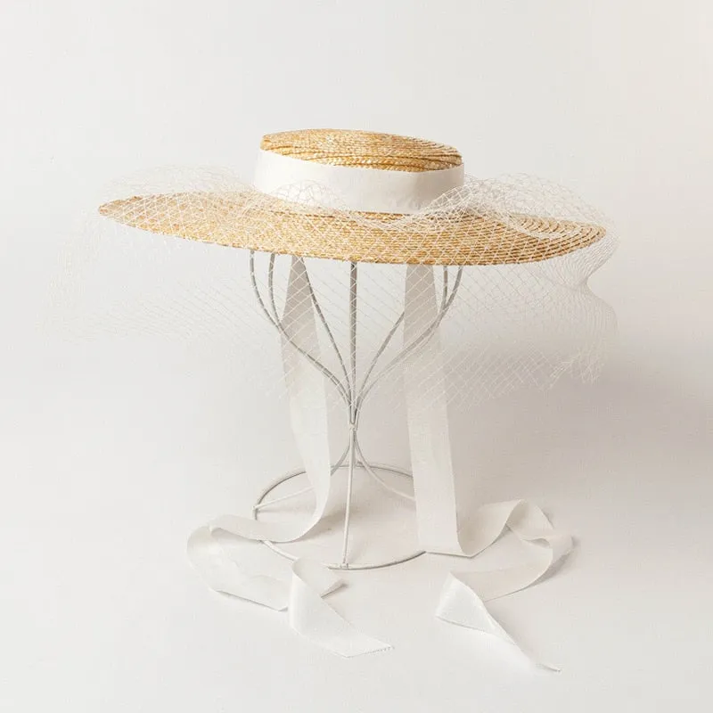 Boho Hat - Summer Hats, Sun Hat, Beach Hat - Wide Brim Straw Hat, Vintage Style with Long Ribbon Mesh Darcy