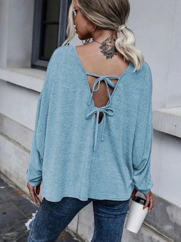 Ciera Solid Color Loose Tie Back Drop Shoulder T-Shirt Loose Casual All-Match