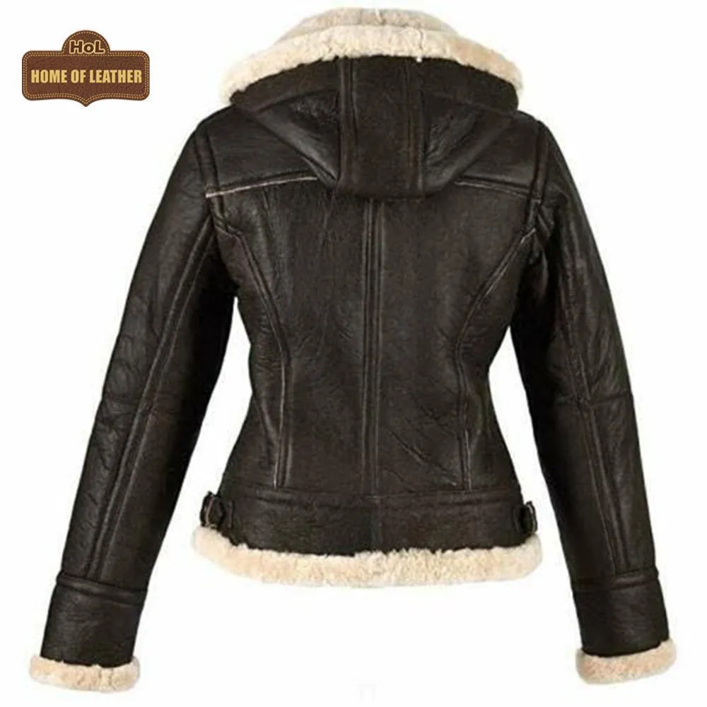 F010 Women's Hooded Bomber B3 Aviator RAF Genuine Fur Sheepskin Leather Jacket