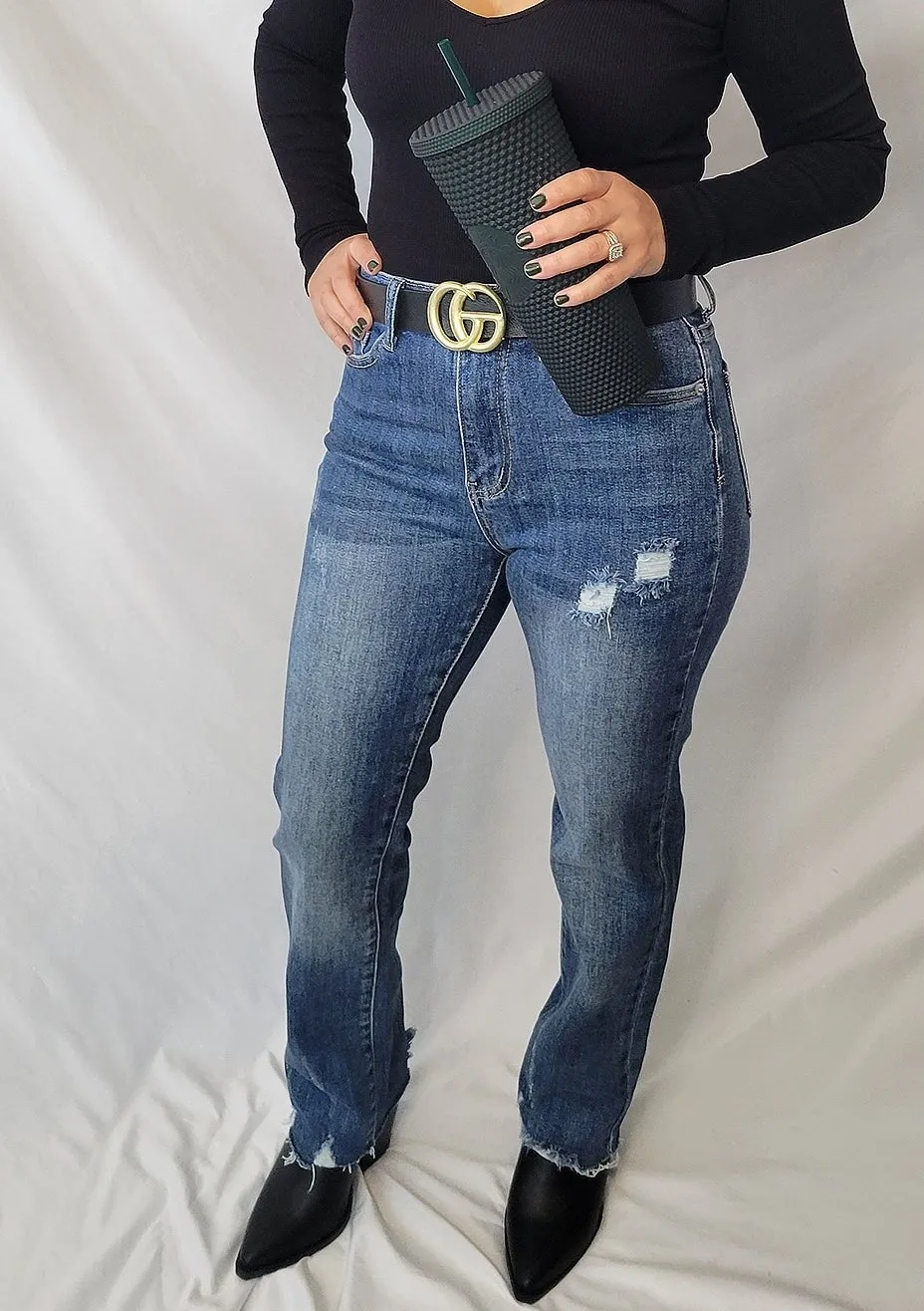 HIGH RISE RAW HEM STRAIGHT LEG JEANS