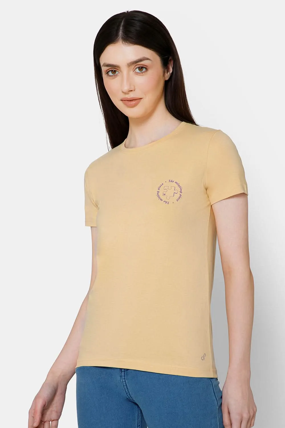 Jusperf Women's Printed Crew Neck Casual T-Shirt - Beige - TS30