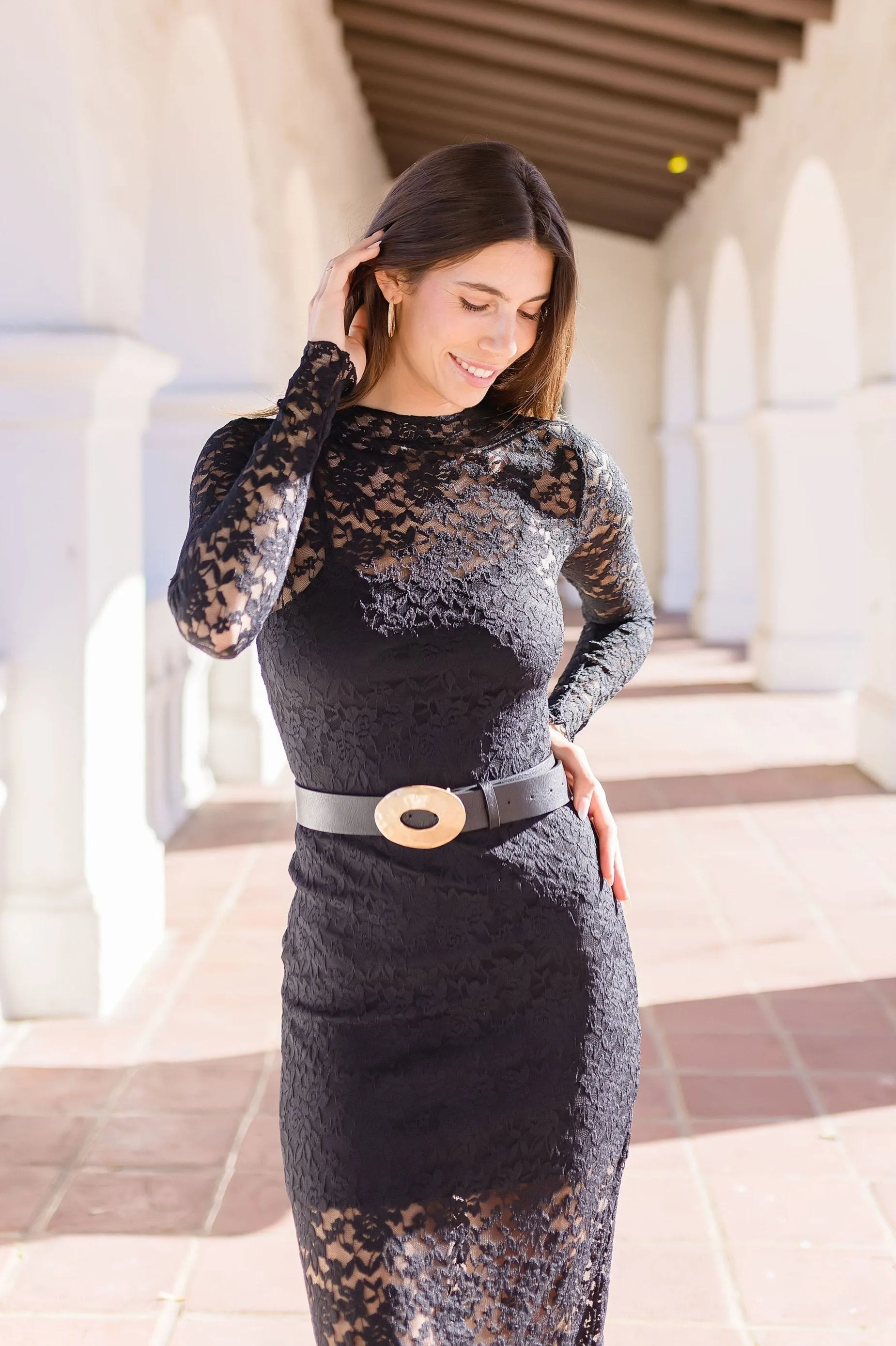 Katie Hammered Oval Buckle Belt Black
