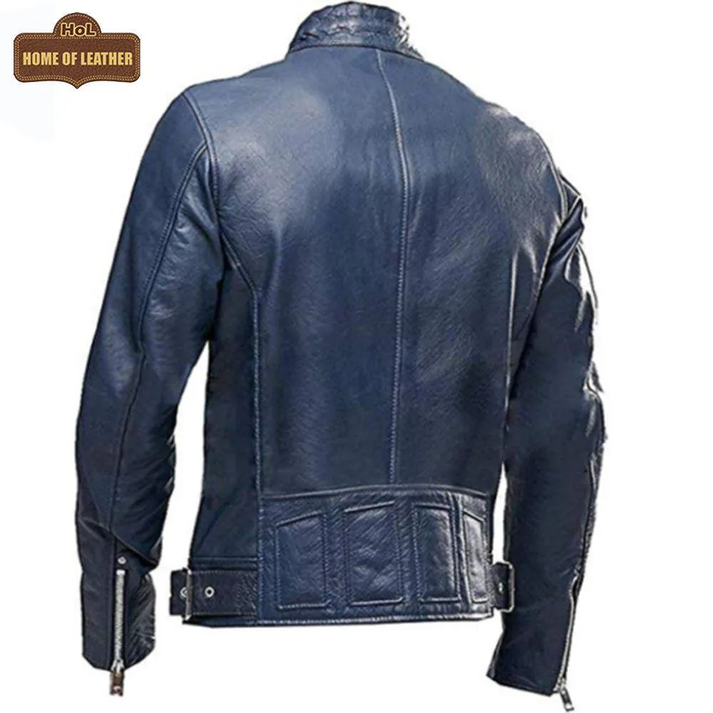 M041 Navy Blue Motorcycle Leather Style Classic Men's Genuine Biker Jacket