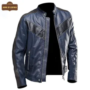 M041 Navy Blue Motorcycle Leather Style Classic Men's Genuine Biker Jacket