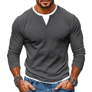Men's Casual Color Matching Fake Two-Piece Double-Layer V-Neck Long-Sleeved T-Shirt