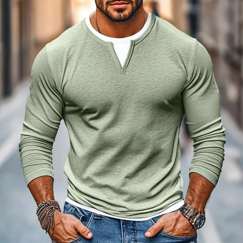 Men's Casual Color Matching Fake Two-Piece Double-Layer V-Neck Long-Sleeved T-Shirt
