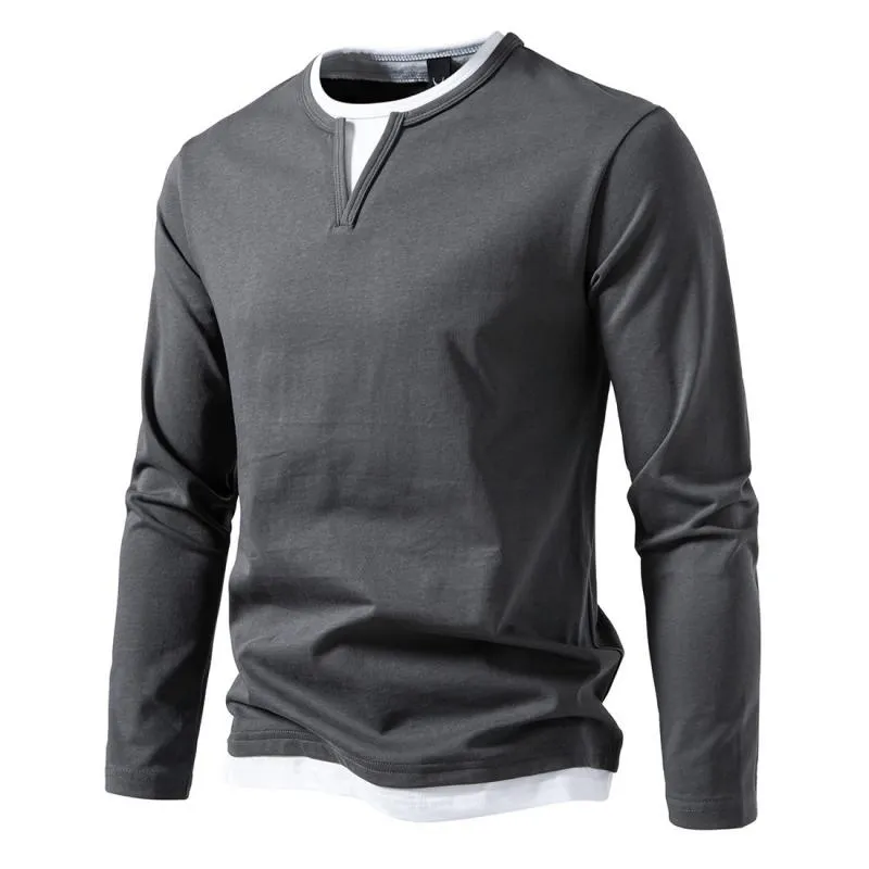 Men's Casual Color Matching Fake Two-Piece Double-Layer V-Neck Long-Sleeved T-Shirt