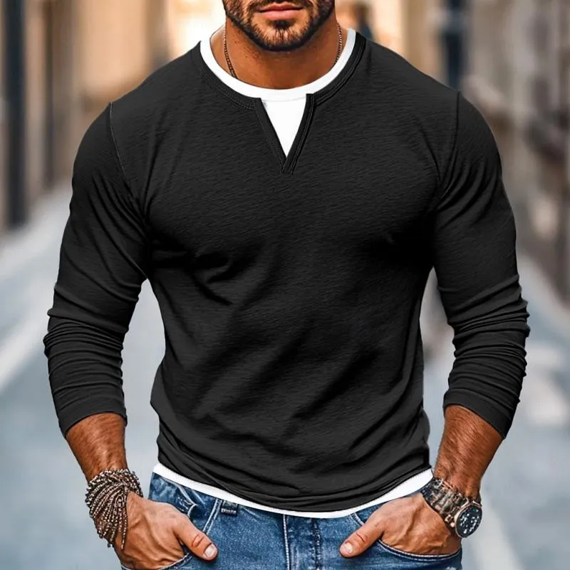 Men's Casual Color Matching Fake Two-Piece Double-Layer V-Neck Long-Sleeved T-Shirt