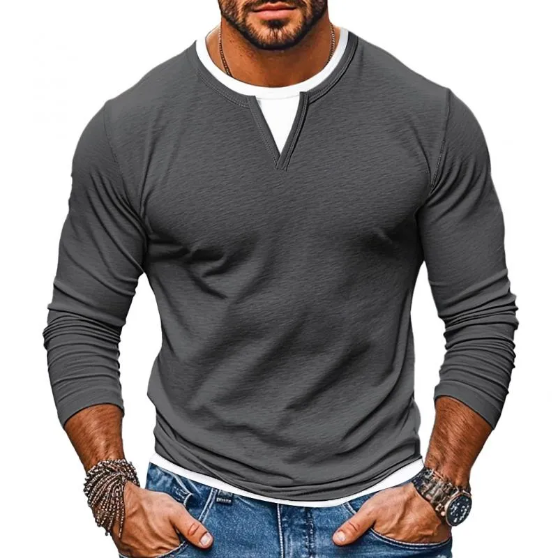 Men's Casual Color Matching Fake Two-Piece Double-Layer V-Neck Long-Sleeved T-Shirt