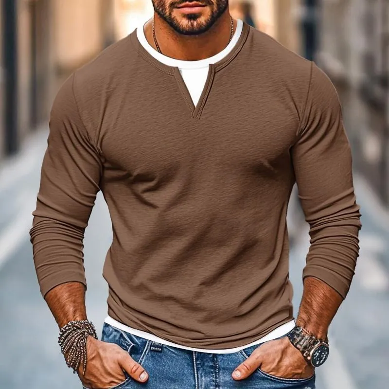 Men's Casual Color Matching Fake Two-Piece Double-Layer V-Neck Long-Sleeved T-Shirt