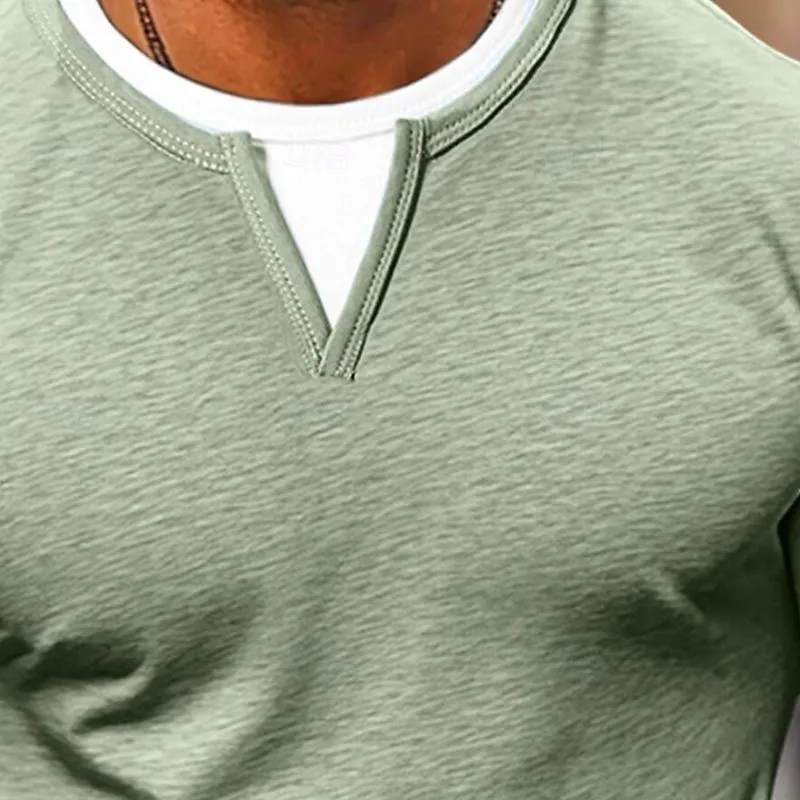 Men's Casual Color Matching Fake Two-Piece Double-Layer V-Neck Long-Sleeved T-Shirt