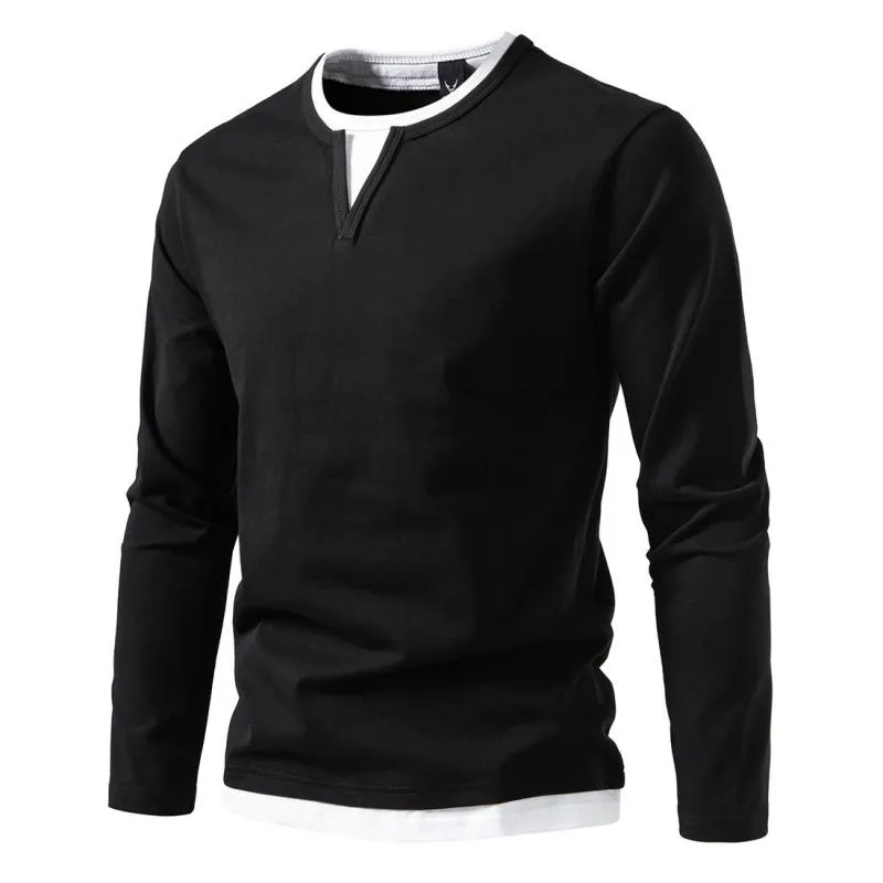 Men's Casual Color Matching Fake Two-Piece Double-Layer V-Neck Long-Sleeved T-Shirt