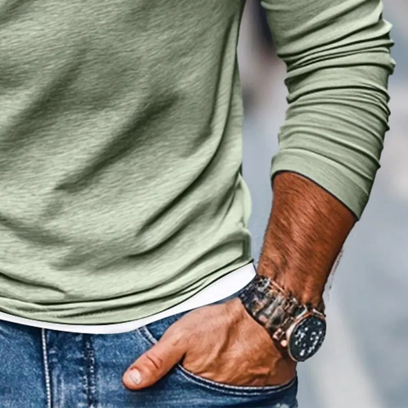 Men's Casual Color Matching Fake Two-Piece Double-Layer V-Neck Long-Sleeved T-Shirt
