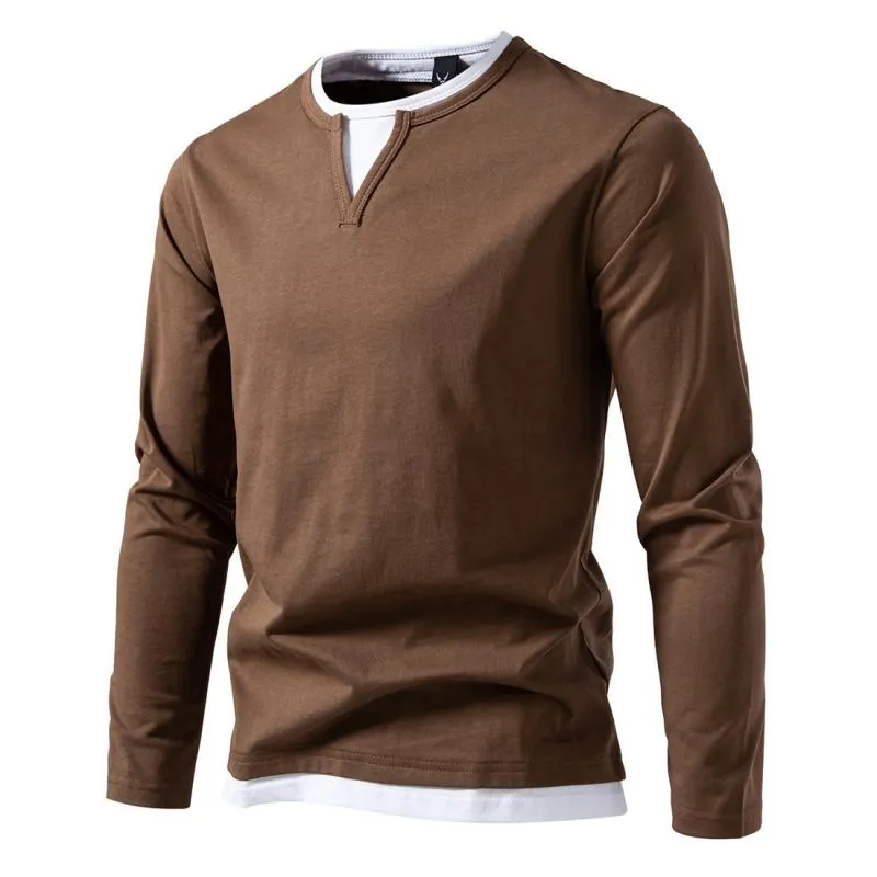 Men's Casual Color Matching Fake Two-Piece Double-Layer V-Neck Long-Sleeved T-Shirt