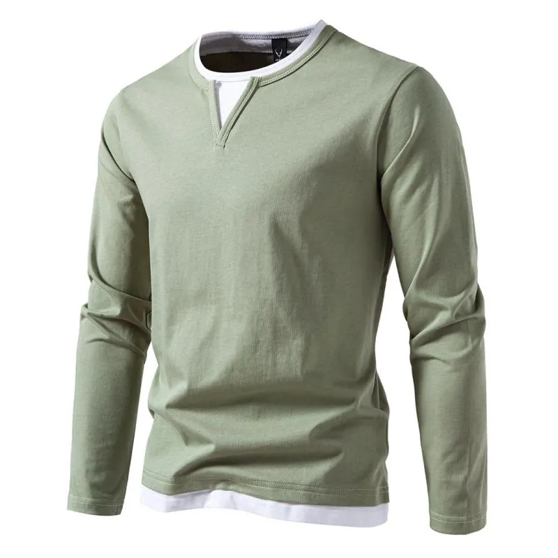 Men's Casual Color Matching Fake Two-Piece Double-Layer V-Neck Long-Sleeved T-Shirt