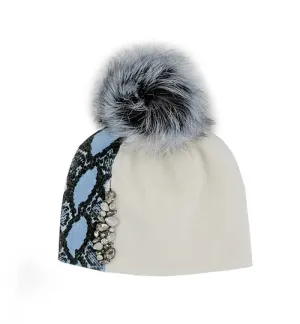 Mitchie's | Knit Hat with Snakeprint, Crystals & Fox Fur Pom Pom | Women's