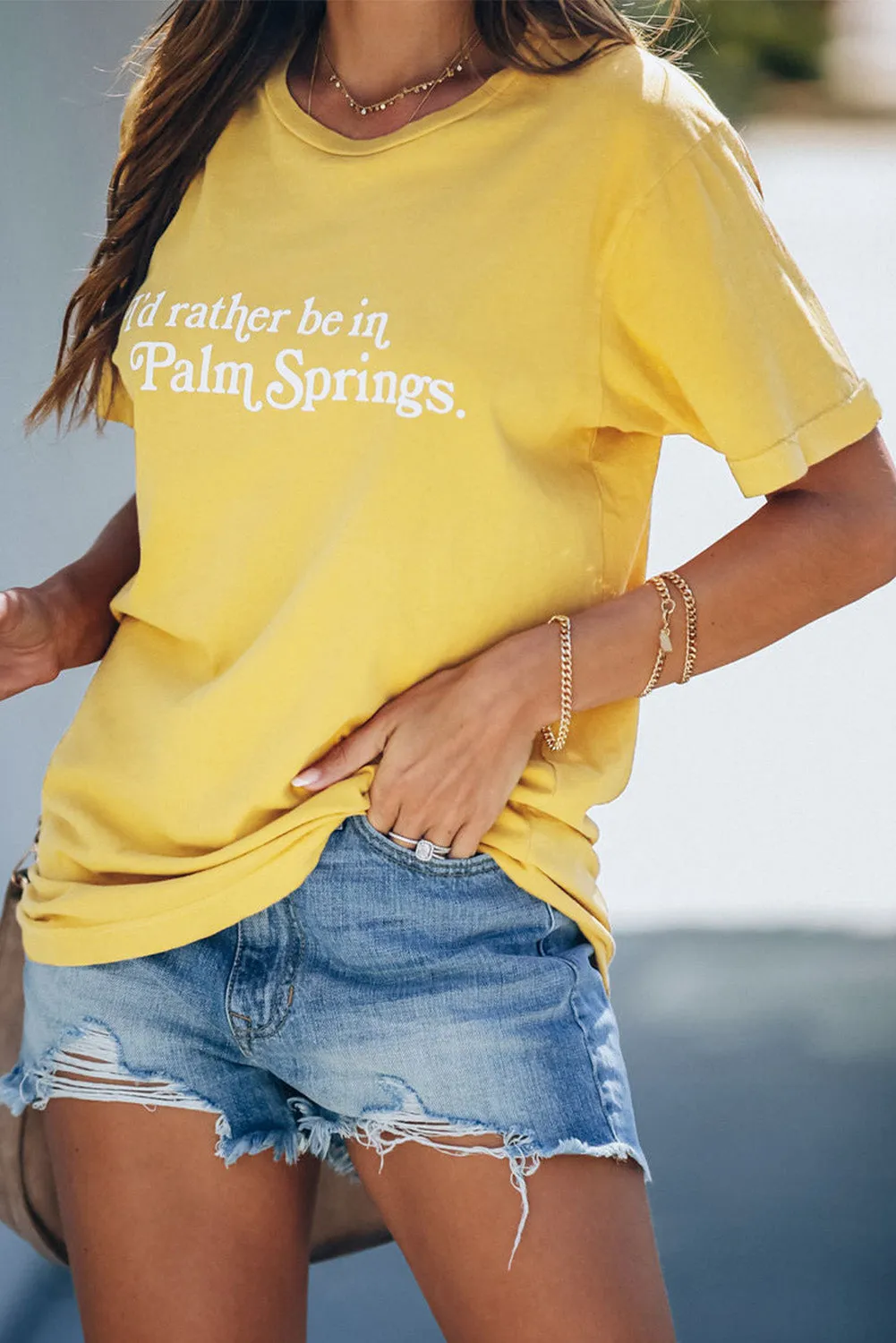 Plain Yellow Letter Print  Casual Tee