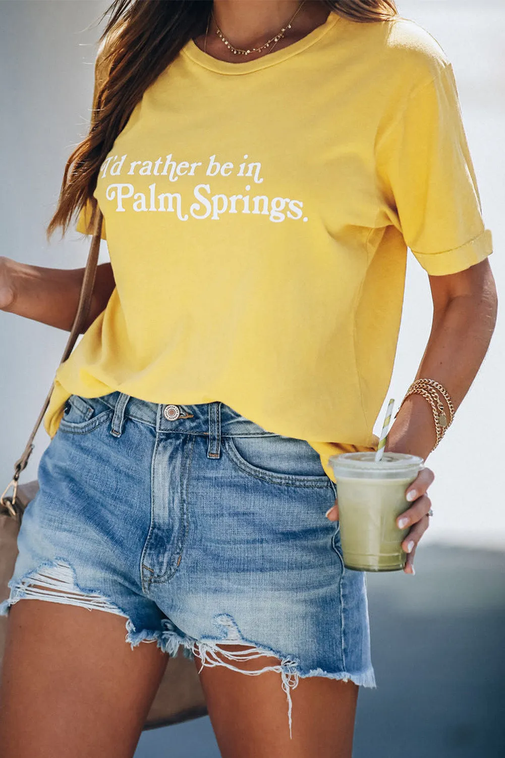Plain Yellow Letter Print  Casual Tee