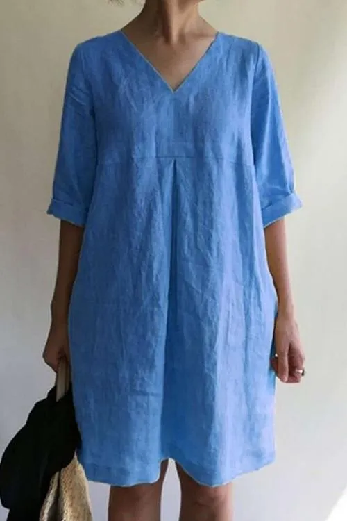 Solid V Neck Linen Tunic Dress