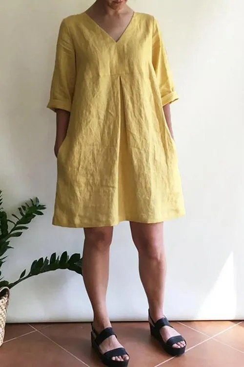 Solid V Neck Linen Tunic Dress