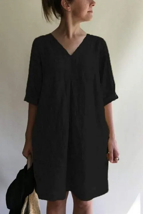 Solid V Neck Linen Tunic Dress