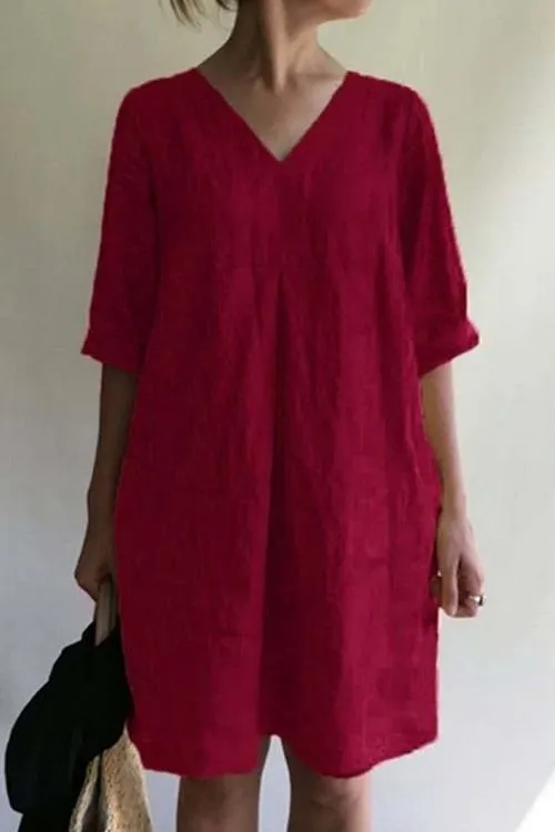 Solid V Neck Linen Tunic Dress