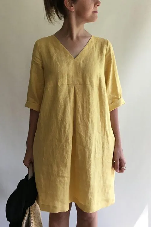 Solid V Neck Linen Tunic Dress