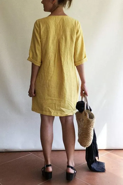Solid V Neck Linen Tunic Dress