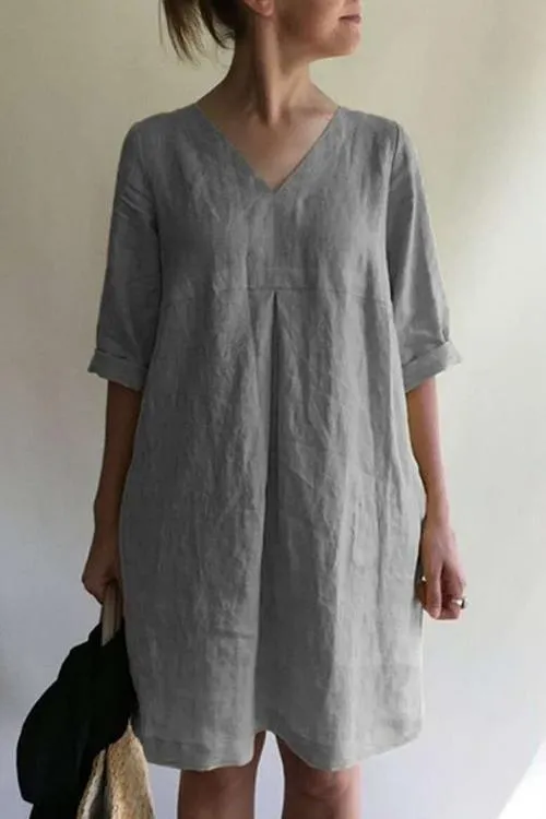 Solid V Neck Linen Tunic Dress