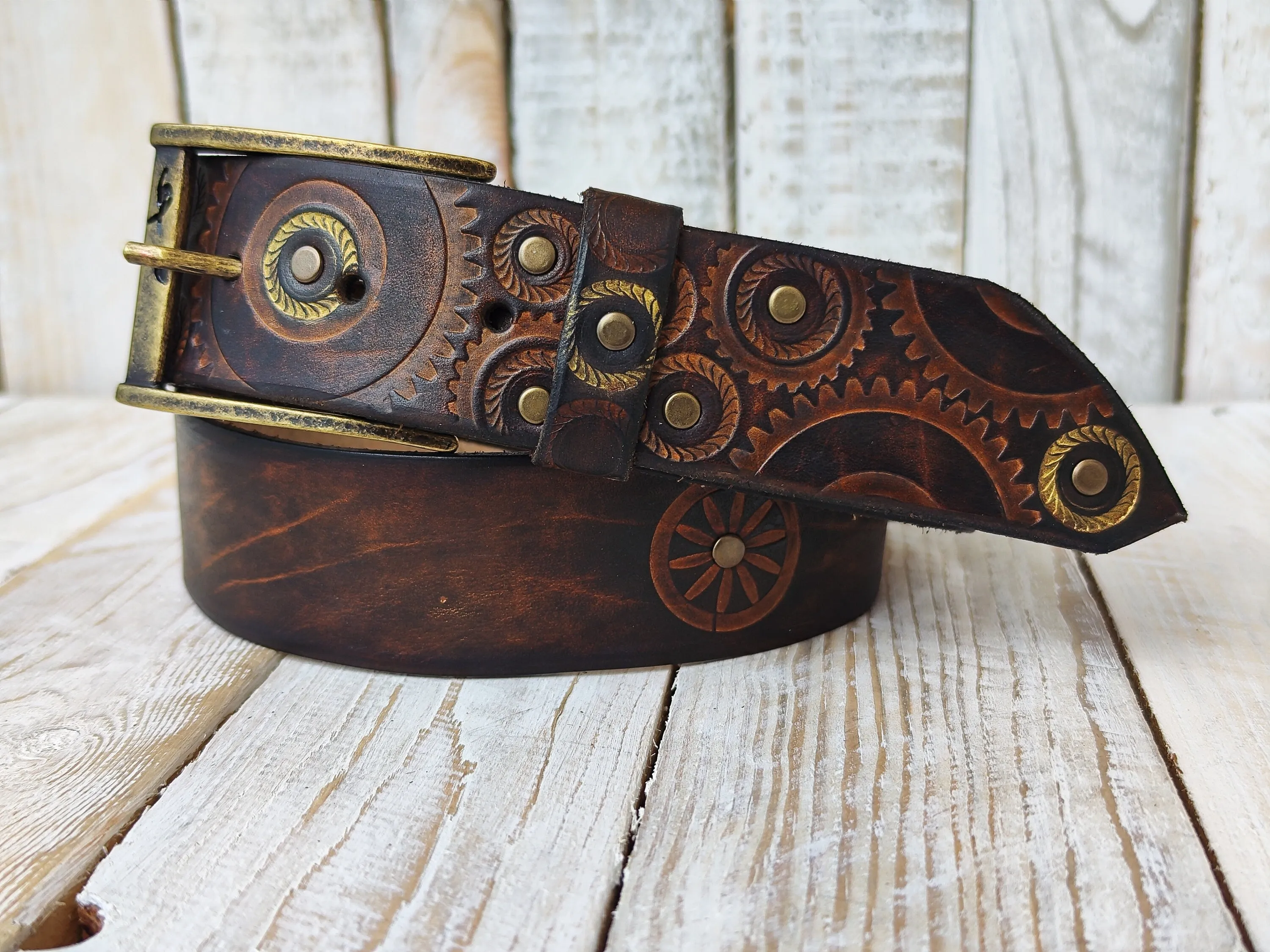Stamped Leather Motorcycle Belt with Rustic Dark Leather and Gold Accents - Handmade Unique Design by Ishaor