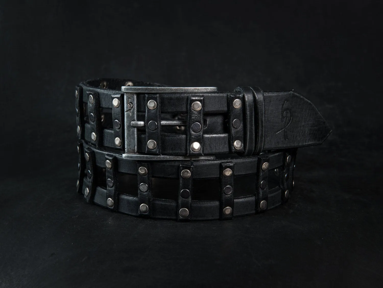 Stylish Handcrafted Rivet Studded Black Leather Mens Belt - Unique Artisan Design for Mens Fashion