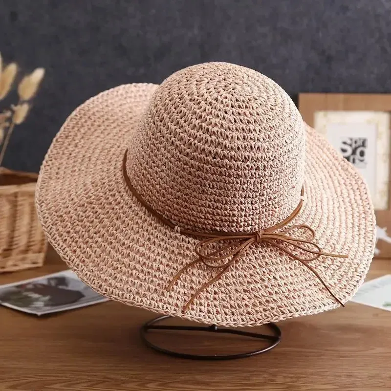 Womens Sunscreen Simple Straw Summer Hat With Folding Bow