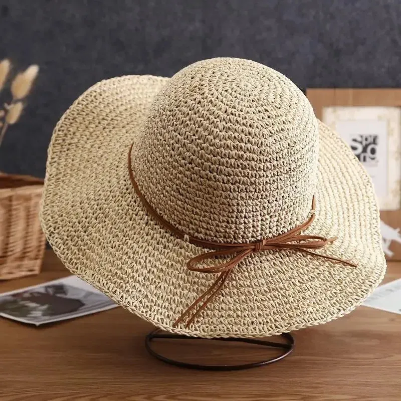 Womens Sunscreen Simple Straw Summer Hat With Folding Bow