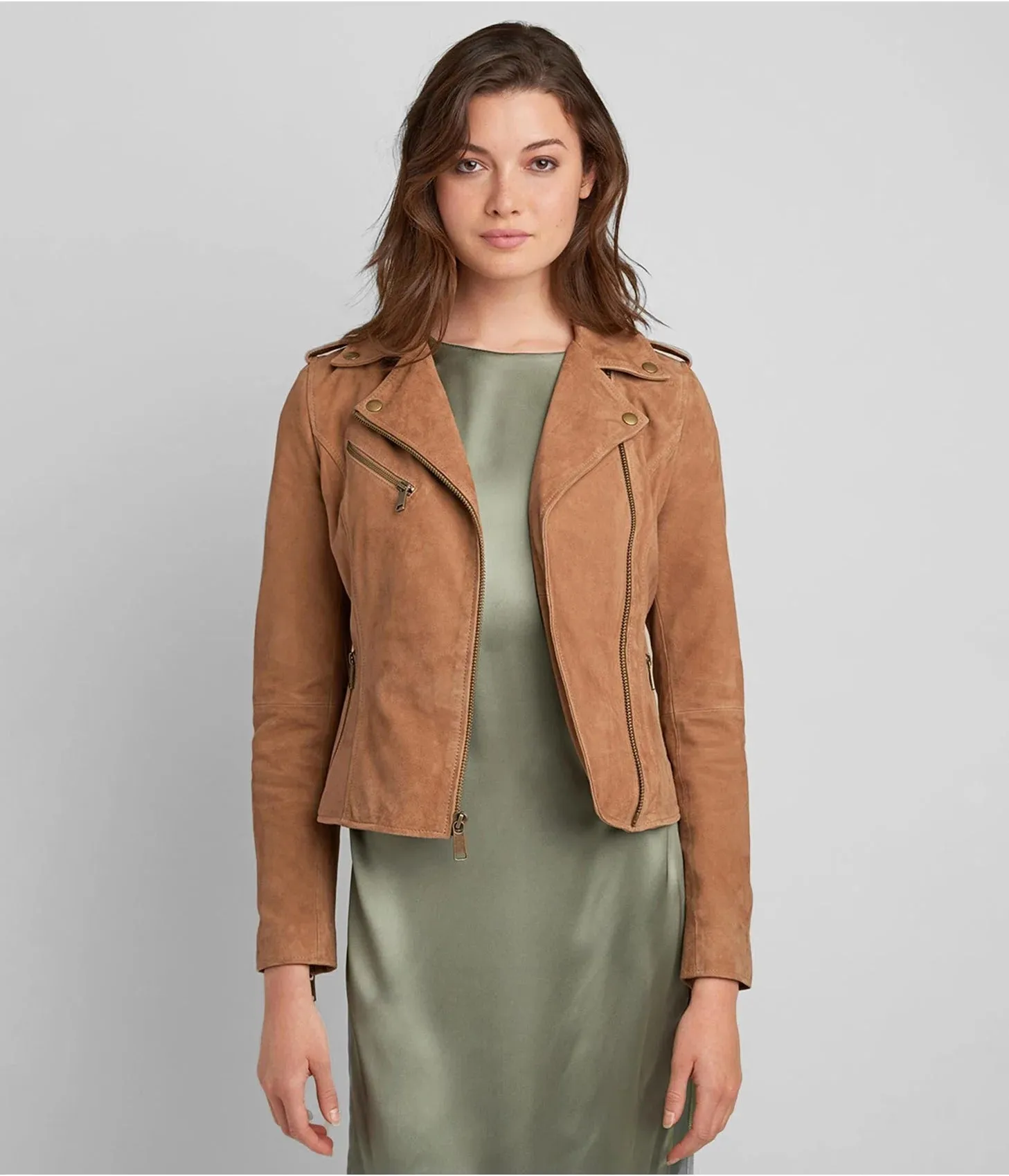 Women's Tan Brown Suede Leather Moto Jacket